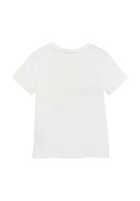 Weißes Baumwoll-T-Shirt mit kurzen Ärmeln, rundem Halsausschnitt und glatter Textur; verfügt über ein simples Design ohne Muster oder Grafiken.