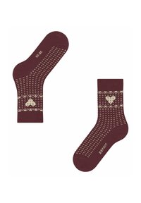Chaussettes bourgogne avec motif de cœurs crème, présentant des designs géométriques et une bande de cheville texturée. Le matériau semble doux et extensible.