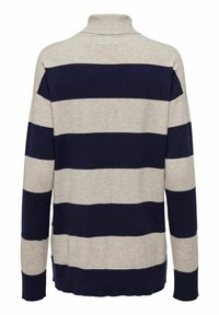Gestreifter Pullover mit abwechselnd beigen und marineblauen horizontalen Streifen, geripptem Stehkragen und langen Ärmeln mit gerippten Bündchen.