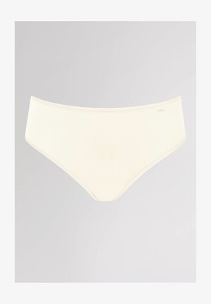 Beige kvinders trusse med en glat tekstur, medium højde design og elastisk talje. Minimal branding nær taljen.