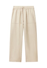 Beige weite Hosen aus leichtem Stoff, mit elastischem Bund und Kordelzug sowie zwei frontalen Taschen.