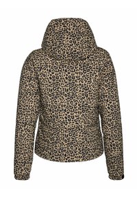 Doudoune à capuche avec motif léopard beige et noir, manches longues et poignets élastiques vue de dos.