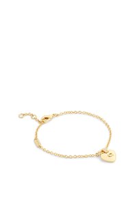 Gold-tone bracelet with a delicate chain and a heart-shaped charm featuring a simple engraved design. Secure lobster clasp closure.