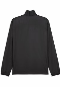Veste noire à manches longues avec un col montant, fabriquée en tissu lisse et léger. Design uni, poignets élastiques, sans quincaillerie ou motifs visibles.