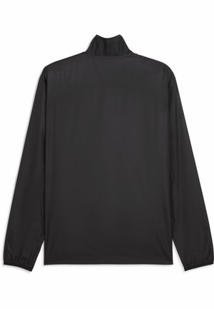 Sort langærmet jakke med høj krave, lavet af glat, let stof. Enkelt design, elastiske manchetter og ingen synligt hardware eller mønstre.