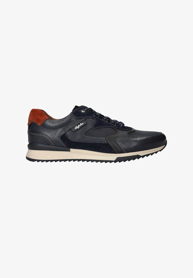 Marineblauwe leren sneakers met een gestructureerde suède hiel, contrasterende stiksels en een rubberen zool met een profielpatroon. Vetersluiting.