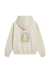 Sweat à capuche beige avec une capuche et des poignets côtelés, présentant un motif coloré en forme d'arche montrant un paysage côtier dans le dos.