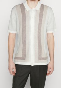 Korte mouw gebreide shirt in lichtgrijs en beige, met verticale strepen, knoopsluiting en een klassieke kraag. Zachte textuur.