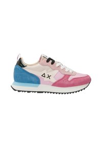Sneakers with a mix of pink, blue, and cream suede, featuring a black heel and white laces. Rounded toe and textured sole for grip.