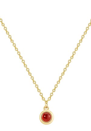 Collana in oro con pendente a forma di gemma rotonda rossa, con superficie liscia e finitura lucida, che evidenzia un design semplice ma elegante.
