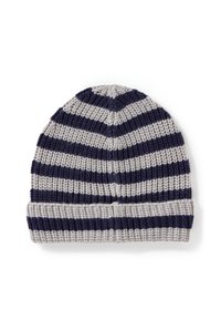 Berretto lavorato a maglia con strisce alternate grigie e blu navy, con risvolto e un motivo testurizzato su tutta la stoffa.