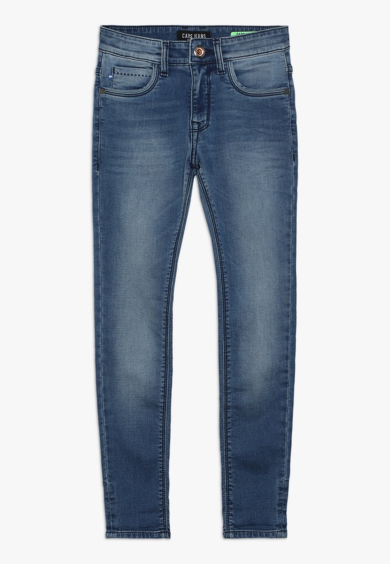 Donkerblauwe denim jeans met een slim fit. Kenmerken zijn een knoopsluiting, zijzakken en zichtbare stiksels langs de naden.