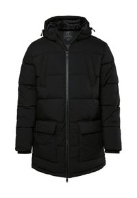 Schwarze gepolsterte Jacke mit Kapuze, ausgestattet mit einem Reißverschluss vorne, zwei aufgesetzten Taschen und einer gesteppten Textur. Entwickelt für Wärme und Komfort.