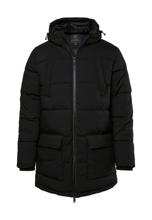 Chaqueta acolchada negra con capucha, que cuenta con un cierre frontal, dos bolsillos de parche y un diseño acolchado. Diseñada para proporcionar calidez y comodidad.