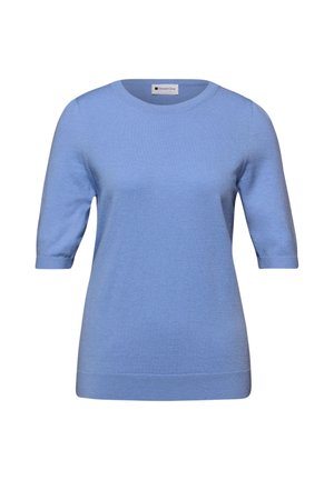 Suéter de punto azul claro de manga corta con cuello redondo y puños y dobladillo acanalados, etiquetado Street One.