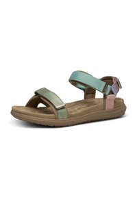 Flerfärgade sandaletter för kvinnor med justerbara remmar; metalliska gröna och rosa detaljer; vadderad sula; lätt brun yttersula.