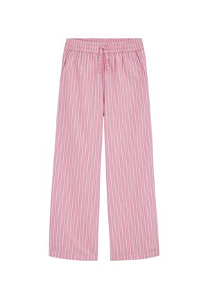Pantalon ample à rayures verticales roses et blanches avec taille élastique et cordon de serrage à l'avant, équipé de poches latérales.