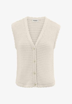 Off-white mouwloze gehaakte gebreide vest met V-hals, knoopsluiting aan de voorkant, gegolfde randen en een textuurpatroon van het merk Hessnatur.