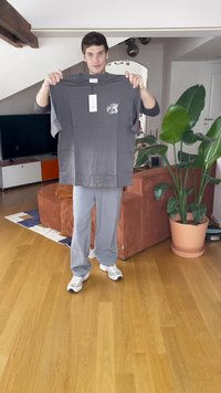 Camiseta gris sostenida, de manga corta, con cuello redondo, presenta un logotipo gráfico blanco. Etiqueta adjunta. El fondo incluye plantas de interior y muebles.
