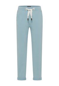 Hellblaue Sweatpants mit einem Kordelzugbund und umgeschlagenen Bündchen, aus weichem Material, mit seitlichen Taschen und minimalistischem Design.