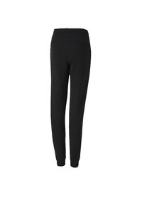 Schwarze, dehnbare Jogginghosen mit hoher Taille, schmal zulaufenden Beinen und elastischen Bündchen. Glattes Material mit einem einfachen Design, ohne sichtbare Muster oder Akzente.