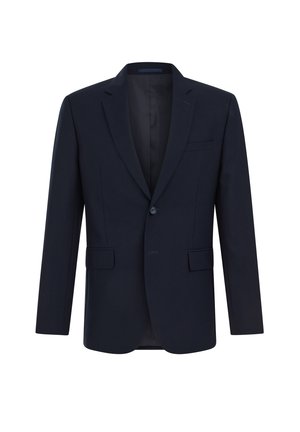 Tumesinine bleiser, mis on valmistatud siledast kangast, millel on ühe nööbiga kinniti, sakilised kraed ja kaks esimest taskut.