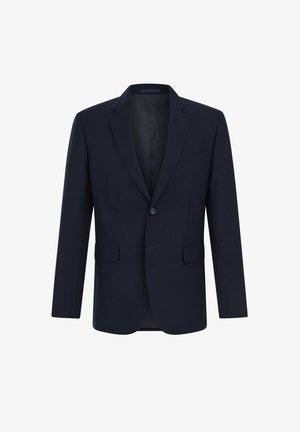 Marineblauer Blazer aus glattem Stoff, mit einem Knopfverschluss, abgesteppten Revers und zwei vorderen Taschen.