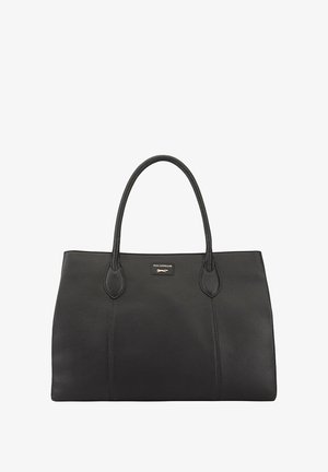 Zwarte leren handtas met dubbele handvatten, een gladde textuur, minimalistisch ontwerp en een subtiele logo-plaat op de voorkant.
