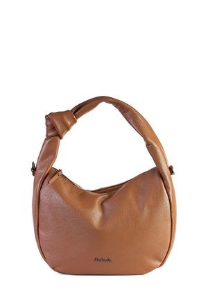 Sac en cuir marron à bandoulière avec une sangle nouée et une fermeture éclair sur fond blanc.