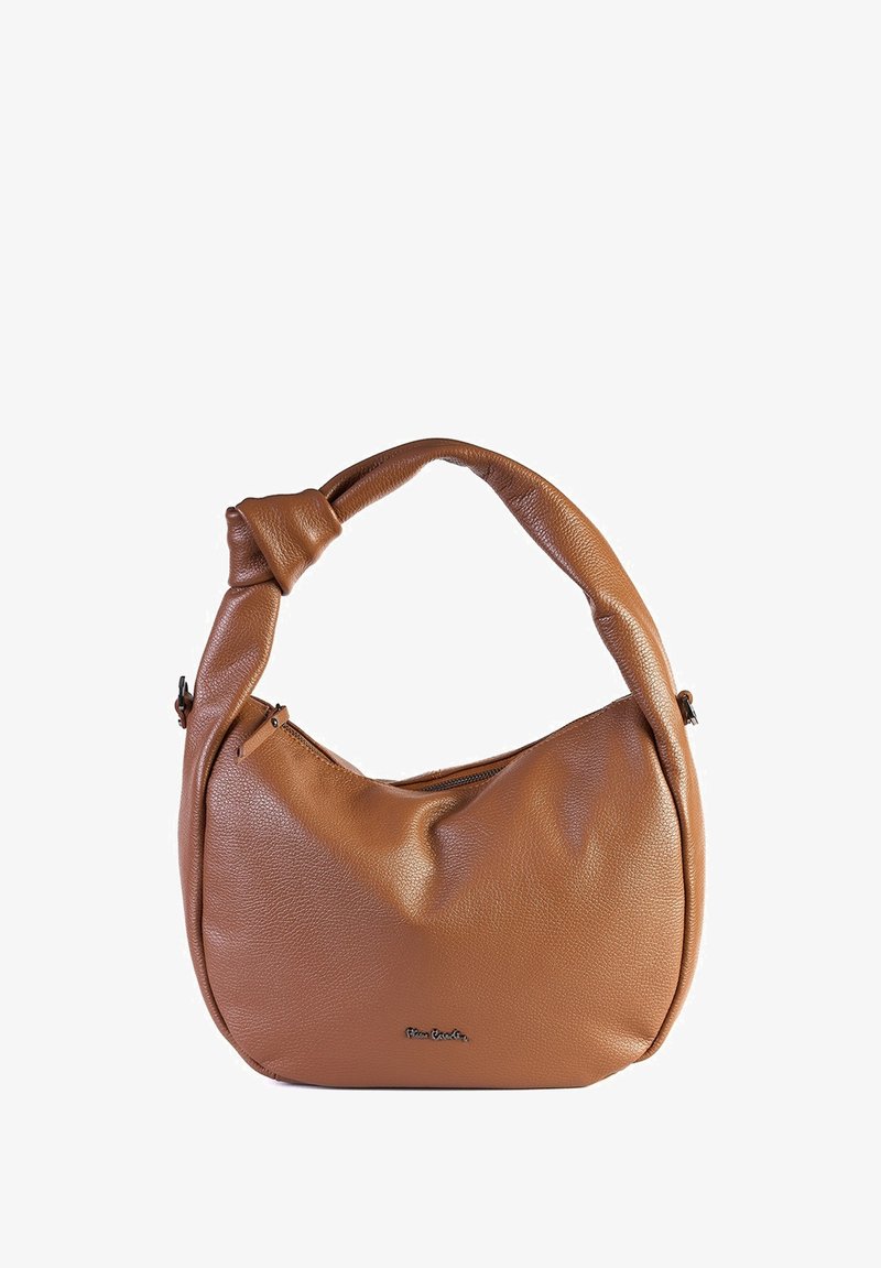 Sac en cuir marron à bandoulière avec une sangle nouée et une fermeture éclair sur fond blanc.