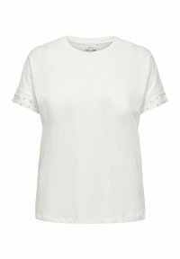 Hvid T-shirt med rund hals, korte ærmer og dekorative perle- accenter på ærmerne. Fremstillet af blødt, åndbart stof.