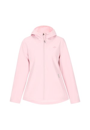 Giacca softshell rosa chiaro con cappuccio, zip frontale completa, tasche laterali e un piccolo logo sul petto sinistro. Texture liscia e forma aderente.