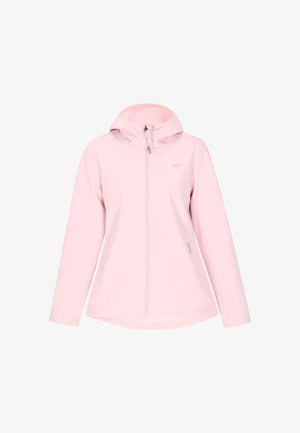 Gaiši rozā mīkstais apvalks ar kapuci, pilns priekšējais rāvējslēdzis, sānu kabatas un neliels logotips kreisajā krūtī. Gluda tekstūra un pieguloša forma.