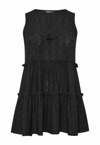 Black sleeveless dress with a tiered design, featuring eyelet patterns, ruffled accents, and a tie detail at the neckline.