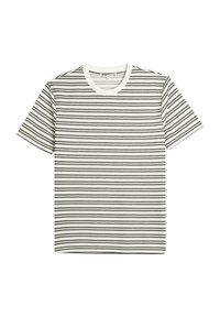 Sort-hvid stribet t-shirt med korte ærmer, ribbet crew-halsudskæring og en glat stofstruktur. Vandrette striber jævnt fordelt.