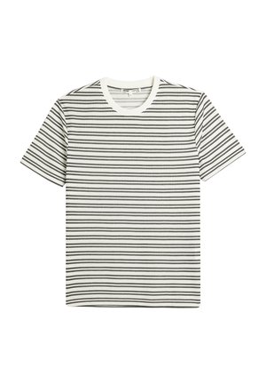 Schwarz-weiß gestreiftes T-Shirt mit kurzen Ärmeln, geripptem Rundhalsausschnitt und glatter Stofftextur. Horizontal gleichmäßig verteilte Streifen.