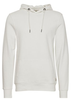 Helle beige Kapuzenpullover aus weichem Stoff, mit einer Vordertasche, einer Kapuze mit Kordelzug und schwarzen Spitzen sowie gerippten Bündchen und Saum.