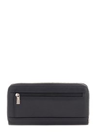 Portefeuille en cuir noir avec une fermeture éclair, poche zippée à l'avant et des détails cousus. Texture lisse avec des accents en métal argenté.