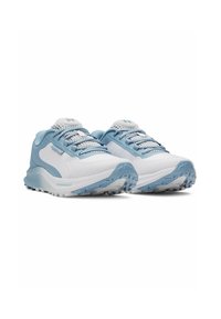 White athletic shoes with blue accents, featuring a mesh upper, textured sole, and thick cushioning. Laces are blue and reflective.