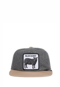 Gray wool snapback cap with a tan peak, featuring a black sheep patch on the front and embroidered text "BLACK SHEEP" above it.