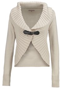 Beige knit cardigan with a ribbed shawl collar, cross-over design, and a single black leather toggle closure. Long sleeves with ribbed cuffs.