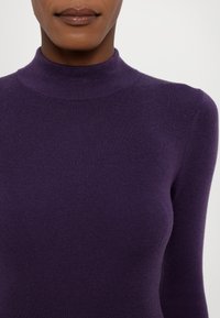 Lilac ribbattutvattu neulepaita tiukassa muotoilussa. Ominaisuudet pitkät hihat ja korkea kaulus, valmistettu pehmeästä materiaalista, jolla on sileä pinta.
