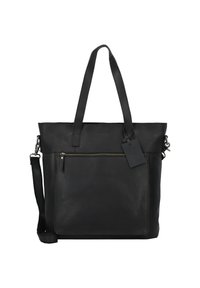 Zwarte leren schoudertas met twee schouderbanden, een ritsvak aan de voorkant en een afneembare tag. Gladde textuur en minimalistisch ontwerp.