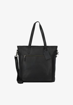 Sac fourre-tout en cuir noir avec deux poignées, une poche avant zippée et une étiquette amovible. Texture lisse et design minimaliste.