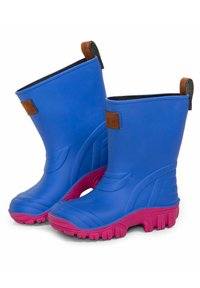 Blaue Gummistiefel mit pinken Sohlen, strukturiertem Profil und braunen Akzenten. Kurzes Design mit glatter Oberfläche und runden Zehen.