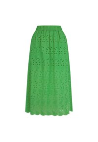 Jupe midi verte avec une taille élastique, ornée de motifs brodés de feuilles et de découpes le long de l'ourlet. Tissu léger.