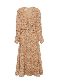 Robe longue à fleurs avec des fleurs roses et oranges, corsage froncé, longues manches bouffantes et décolleté en V.