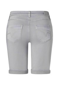 Gray denim shorts with rolled cuffs, featuring double back pockets with a subtle stitching pattern and branding on the waistband.