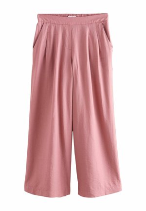 Pink, wide-leg trousers made of soft fabric, featuring a high waist, two side pockets, and pleats for added texture and flow.