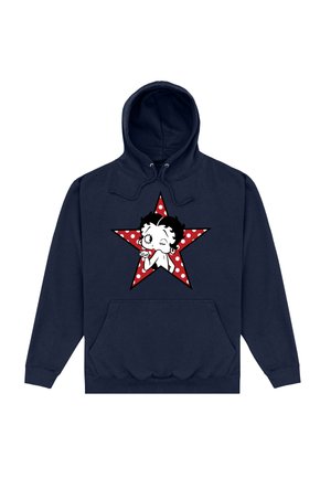Granatowy hoodie z mieszanki bawełny z sznurkiem. Posiada grafikę czerwonej gwiazdy z białymi kropkami oraz postacią z kreskówki na środku.
